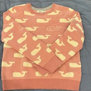 Vineyard Vines Coral and Cream Whale Jacquard Crewneck Sweater